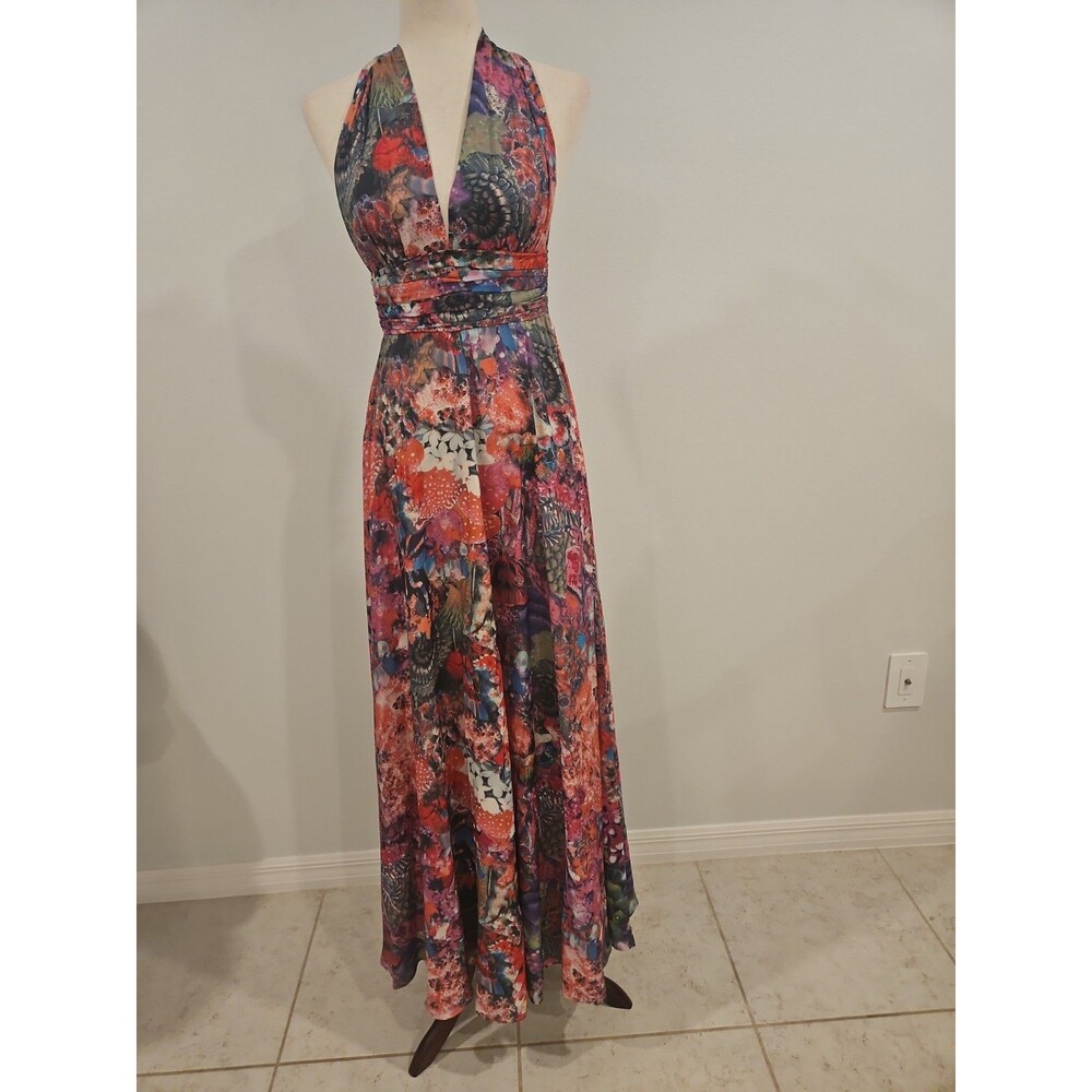 Issa London 100% Silk Halter Maxi Dress Abstract Print Lace Up Back
